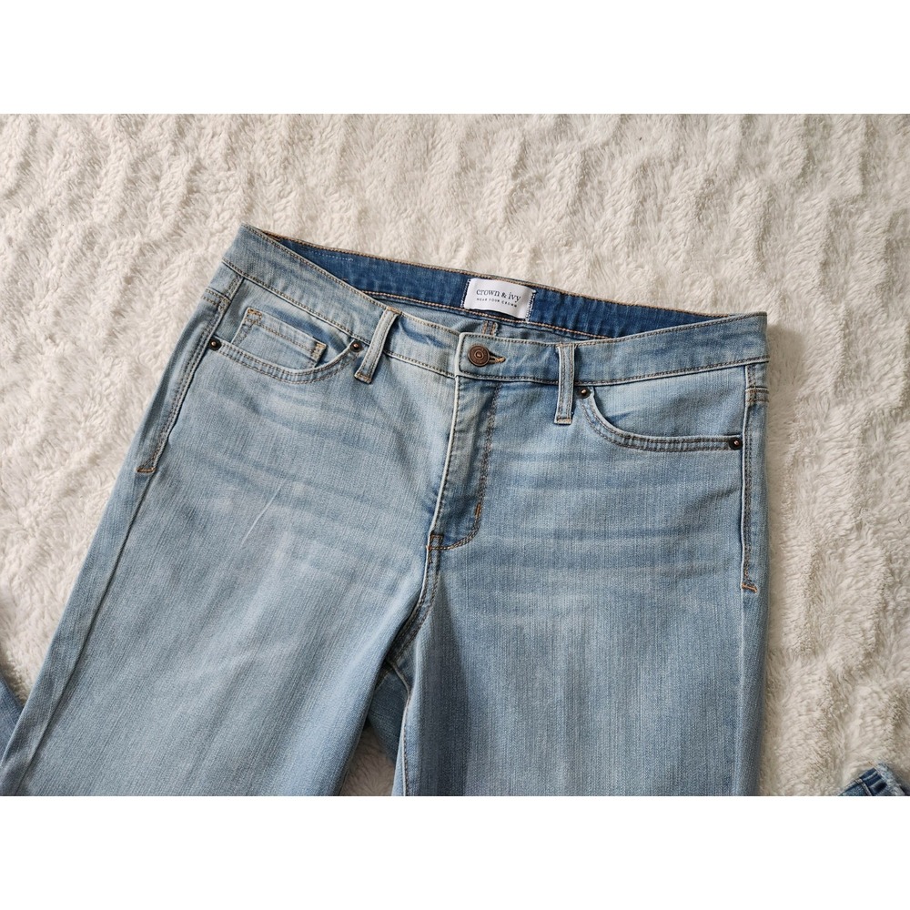 Crown & Ivy High Rise Skinny Crop Jeans Women's 12 Light Wash Ruffle Hem Frayed
